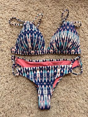 Printed Bikini Set in Navy, Coral, Teal, White